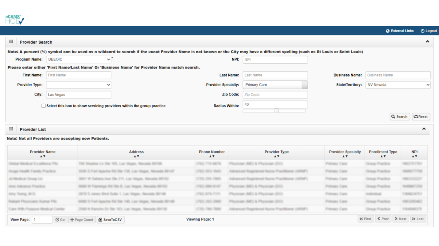 Screenshot of DOL Portal website on the 'Providers Search' page.
